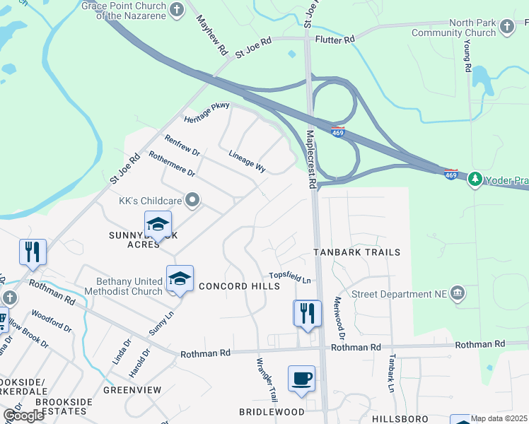 map of restaurants, bars, coffee shops, grocery stores, and more near 6022 Bellingham Lane in Fort Wayne