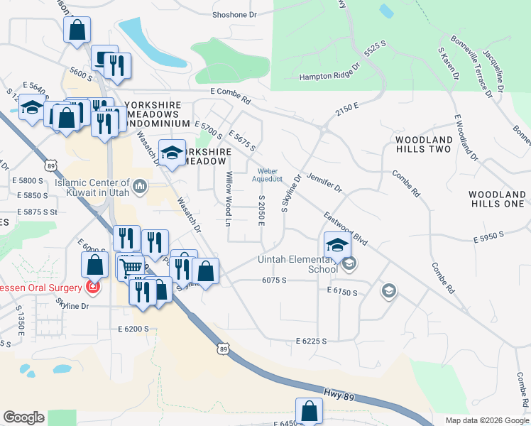 map of restaurants, bars, coffee shops, grocery stores, and more near 5888 South 2050 East in South Ogden