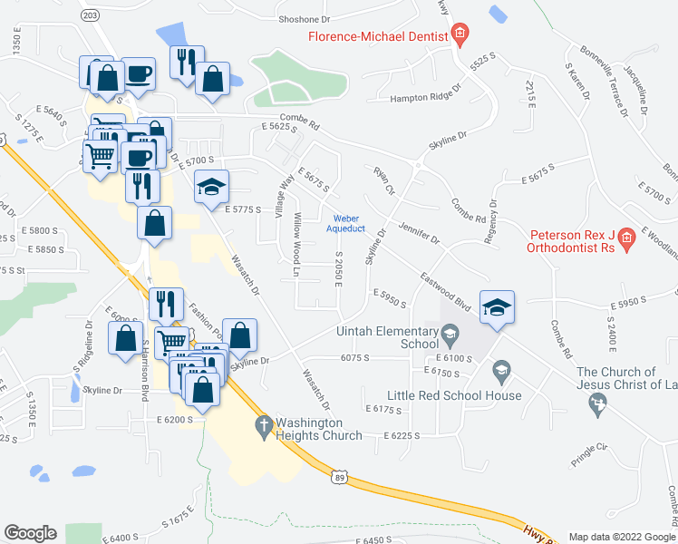 map of restaurants, bars, coffee shops, grocery stores, and more near 5875 South 2050 East in South Ogden