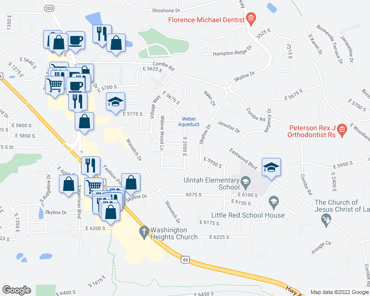 map of restaurants, bars, coffee shops, grocery stores, and more near Cedar Lane in South Ogden