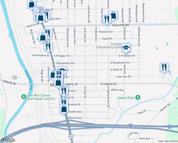 map of restaurants, bars, coffee shops, grocery stores, and more near 317 East Kline Street in Girard