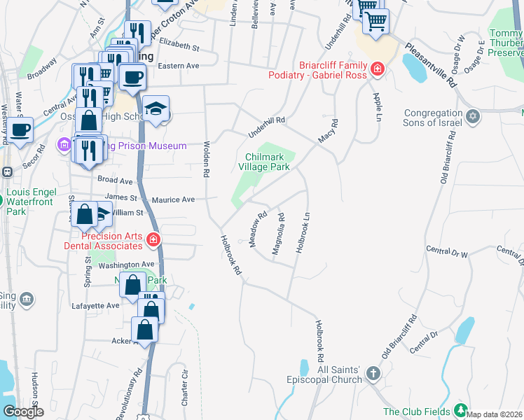 map of restaurants, bars, coffee shops, grocery stores, and more near 116 Meadow Road in Briarcliff Manor