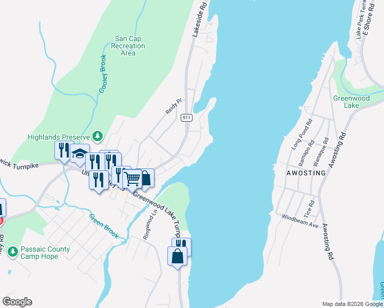 map of restaurants, bars, coffee shops, grocery stores, and more near 12 Rocky Point Road in West Milford
