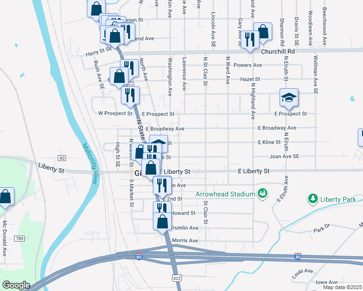 map of restaurants, bars, coffee shops, grocery stores, and more near 201 East Kline Street in Girard