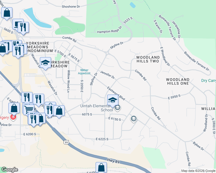 map of restaurants, bars, coffee shops, grocery stores, and more near 2111 Eastwood Boulevard in Ogden
