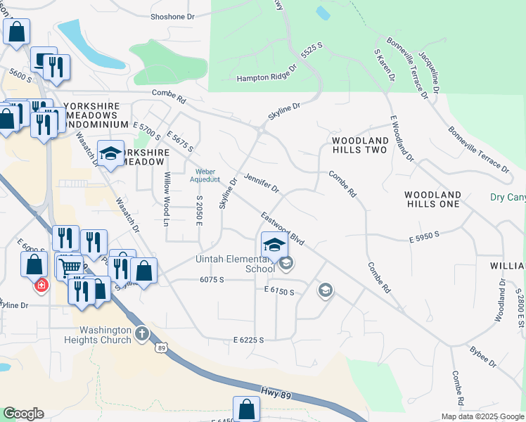 map of restaurants, bars, coffee shops, grocery stores, and more near 2111 Eastwood Boulevard in Ogden