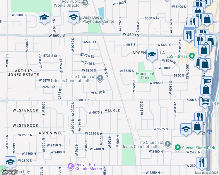 map of restaurants, bars, coffee shops, grocery stores, and more near 2551 West 5950 South in Roy