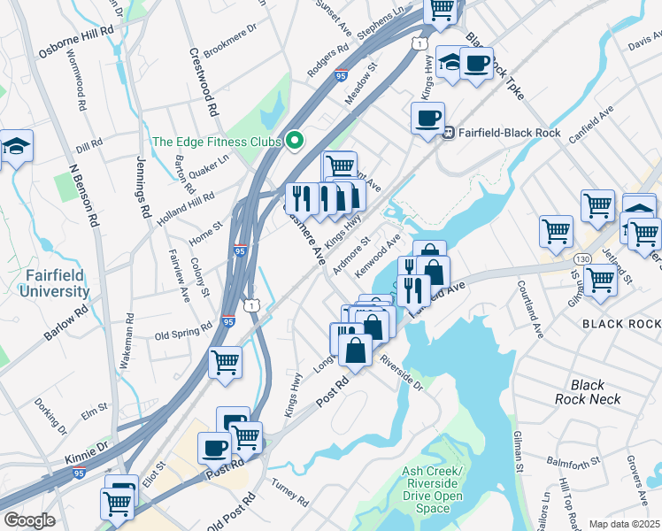 map of restaurants, bars, coffee shops, grocery stores, and more near 25 Ardmore Street in Fairfield
