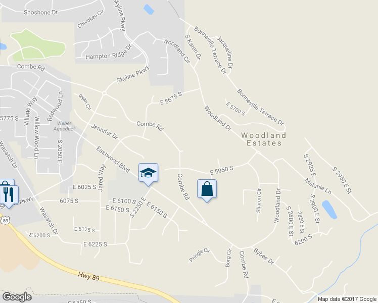 map of restaurants, bars, coffee shops, grocery stores, and more near 2435 Combe Road in Ogden