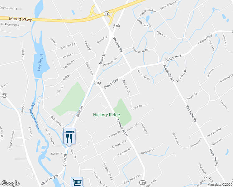 map of restaurants, bars, coffee shops, grocery stores, and more near 6 Oxbow Road in Westport