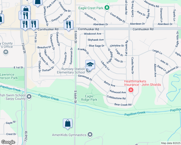 map of restaurants, bars, coffee shops, grocery stores, and more near 110 Eagle Ridge Drive in Papillion