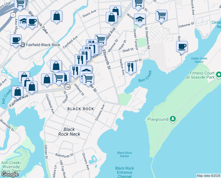 map of restaurants, bars, coffee shops, grocery stores, and more near 57 Bartram Avenue in Bridgeport