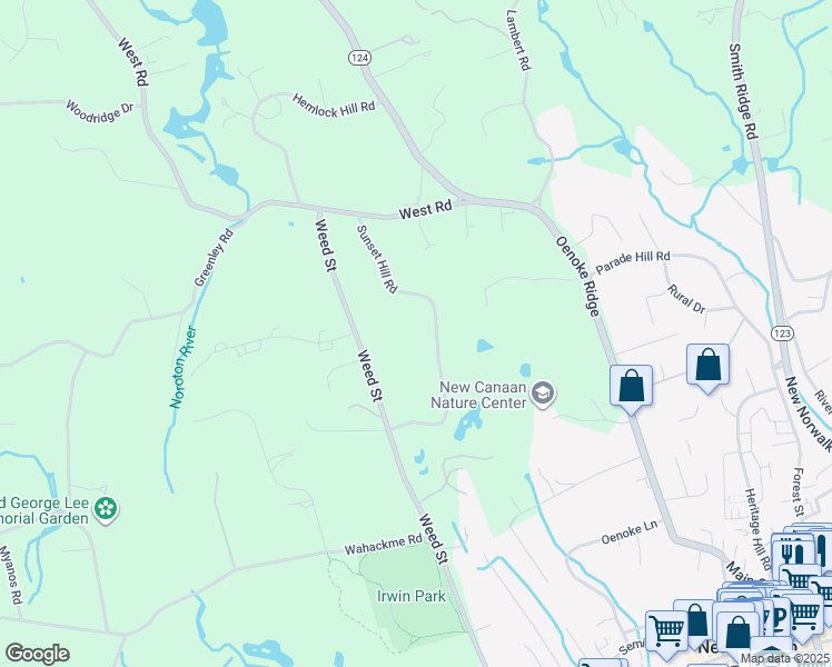 map of restaurants, bars, coffee shops, grocery stores, and more near 122 Sunset Hill Road in New Canaan