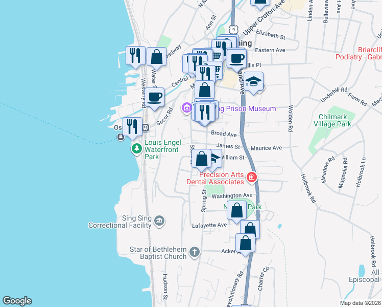map of restaurants, bars, coffee shops, grocery stores, and more near 2 William Street in Ossining