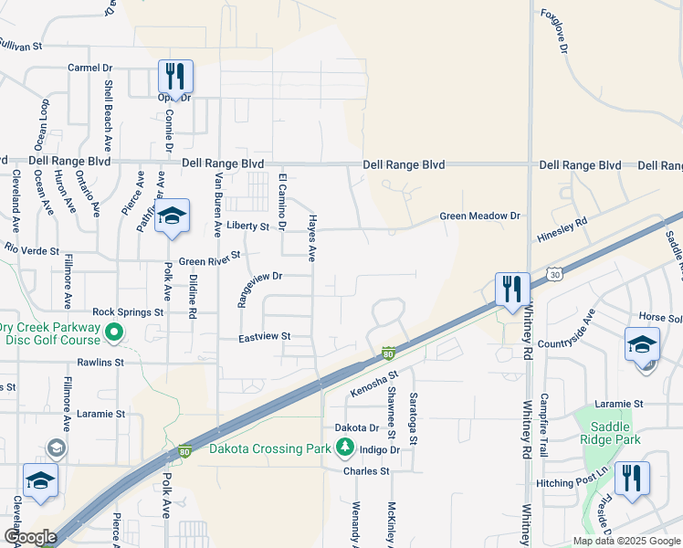 map of restaurants, bars, coffee shops, grocery stores, and more near 4013 Rockwood Drive in Cheyenne