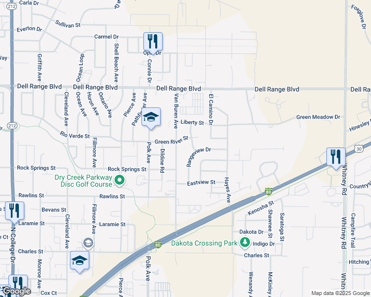 map of restaurants, bars, coffee shops, grocery stores, and more near 4111 Van Buren Avenue in Cheyenne
