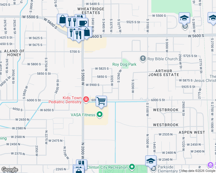 map of restaurants, bars, coffee shops, grocery stores, and more near 5933 3325 West in Roy