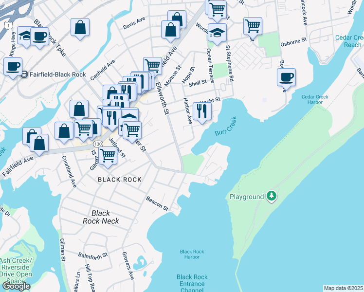 map of restaurants, bars, coffee shops, grocery stores, and more near 100 Ellsworth Street in Bridgeport