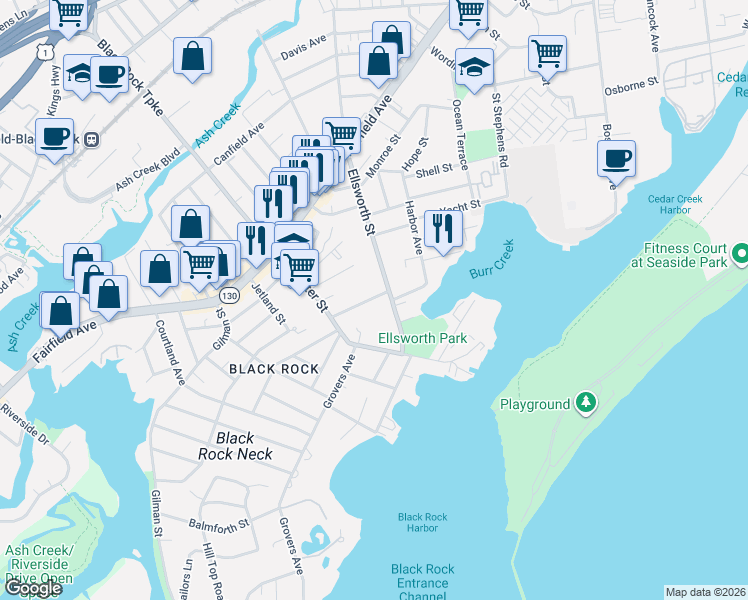 map of restaurants, bars, coffee shops, grocery stores, and more near 57 Bartram Avenue in Bridgeport