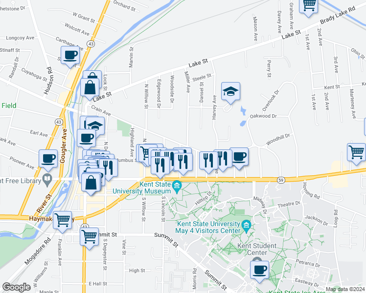 map of restaurants, bars, coffee shops, grocery stores, and more near 217 University Drive in Kent