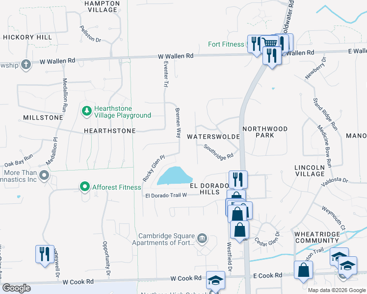 map of restaurants, bars, coffee shops, grocery stores, and more near 8227 Westridge Road in Fort Wayne