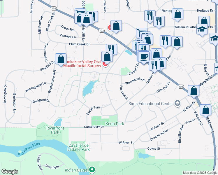 map of restaurants, bars, coffee shops, grocery stores, and more near 290 William R Latham Senior Drive in Bourbonnais