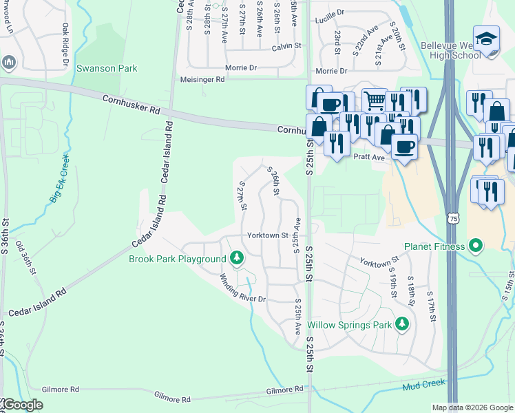 map of restaurants, bars, coffee shops, grocery stores, and more near 10602 Lewis and Clark Road in Bellevue