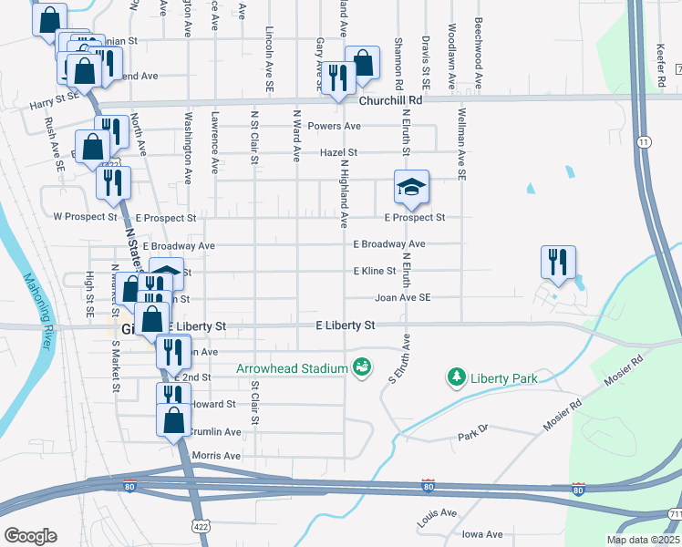 map of restaurants, bars, coffee shops, grocery stores, and more near 447 East Kline Street in Girard