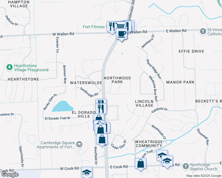 map of restaurants, bars, coffee shops, grocery stores, and more near Northwood Park Drive in Fort Wayne