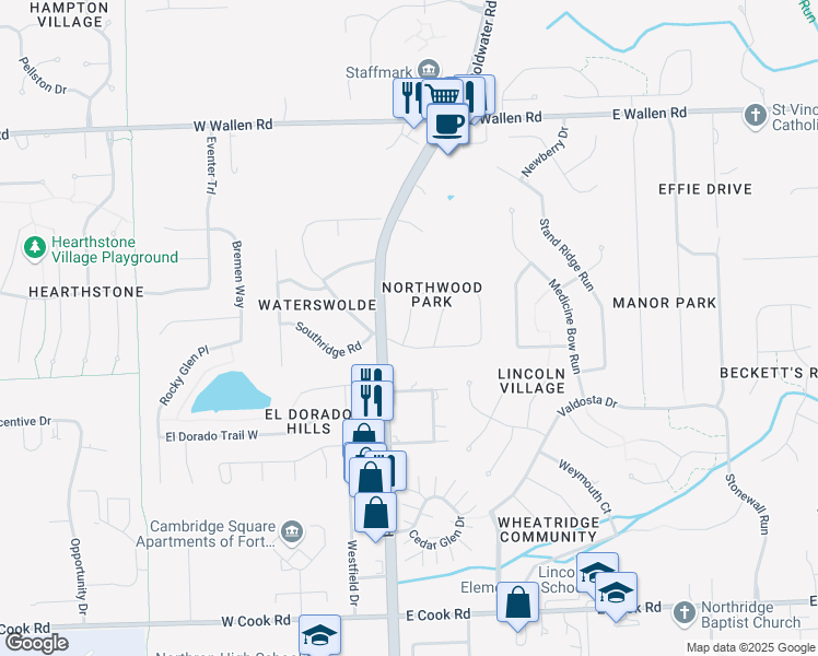 map of restaurants, bars, coffee shops, grocery stores, and more near Northwood Park Drive in Fort Wayne