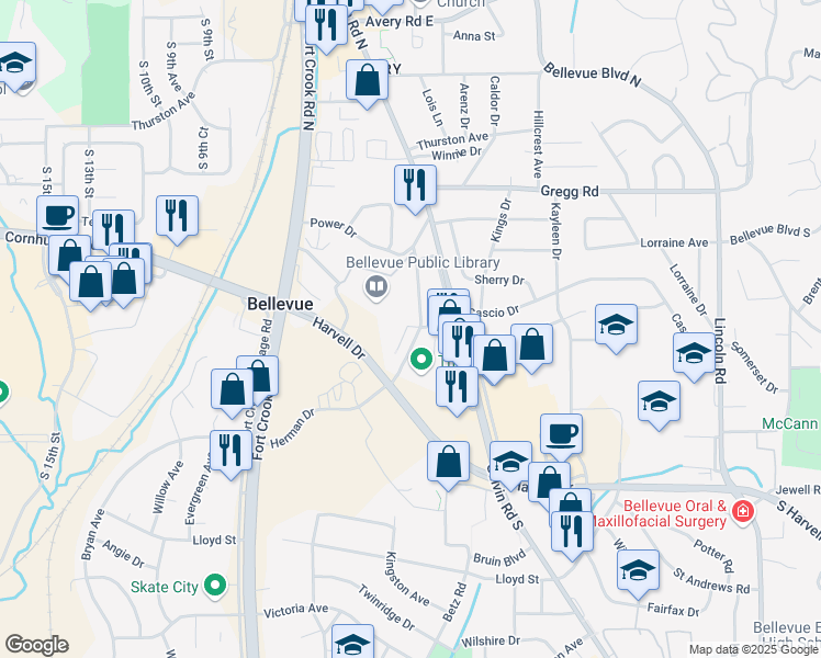 map of restaurants, bars, coffee shops, grocery stores, and more near 514 Chateau Drive in Bellevue