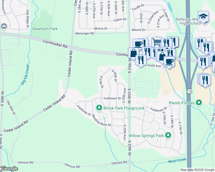 map of restaurants, bars, coffee shops, grocery stores, and more near 10602 Lewis and Clark Road in Bellevue