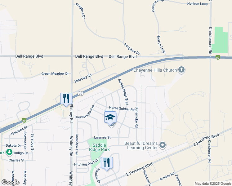 map of restaurants, bars, coffee shops, grocery stores, and more near 4036 Raindancer Trail in Cheyenne