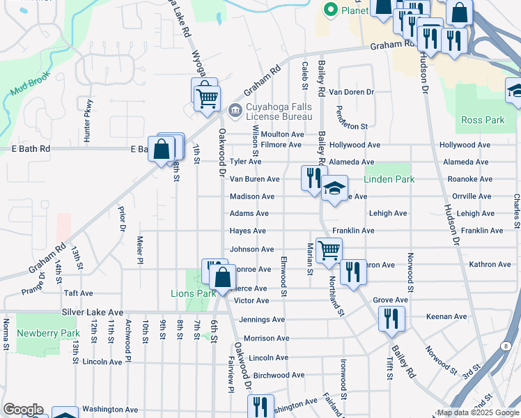 map of restaurants, bars, coffee shops, grocery stores, and more near 3143 Wilson Street in Cuyahoga Falls