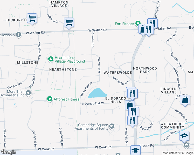 map of restaurants, bars, coffee shops, grocery stores, and more near 8229 Rocky Glen Pl in Fort Wayne