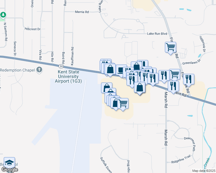 map of restaurants, bars, coffee shops, grocery stores, and more near 4200 Kent Road in Stow