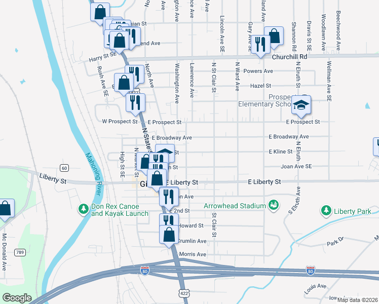 map of restaurants, bars, coffee shops, grocery stores, and more near 203 North Stewart Avenue Southeast in Girard