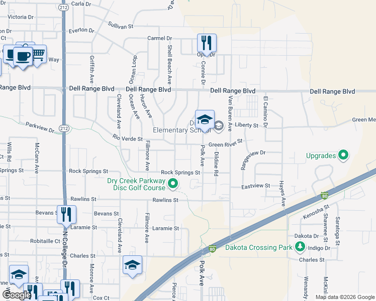 map of restaurants, bars, coffee shops, grocery stores, and more near 4117 Pierce Avenue in Cheyenne