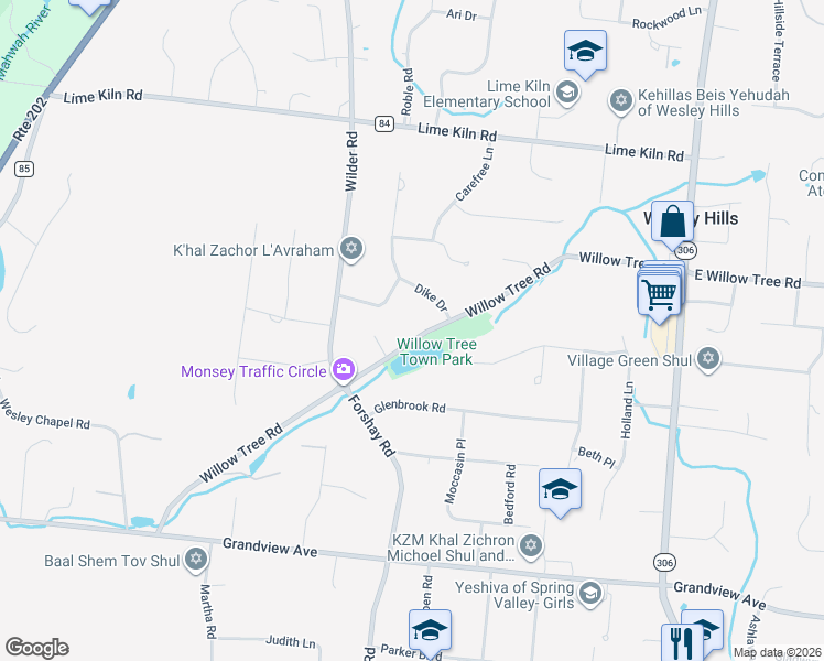 map of restaurants, bars, coffee shops, grocery stores, and more near 124 Willow Tree Road in Monsey