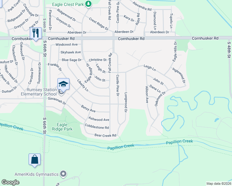 map of restaurants, bars, coffee shops, grocery stores, and more near 206 Castle Pine Drive in Papillion
