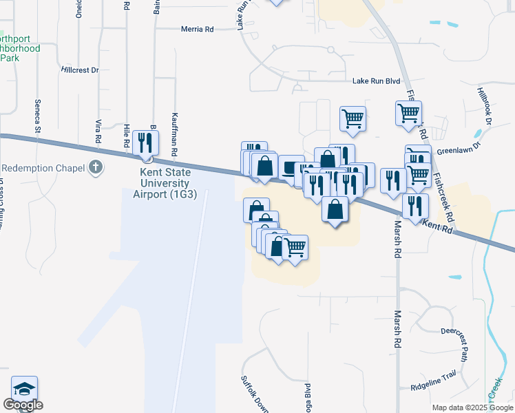 map of restaurants, bars, coffee shops, grocery stores, and more near 4200 Kent Road in Stow