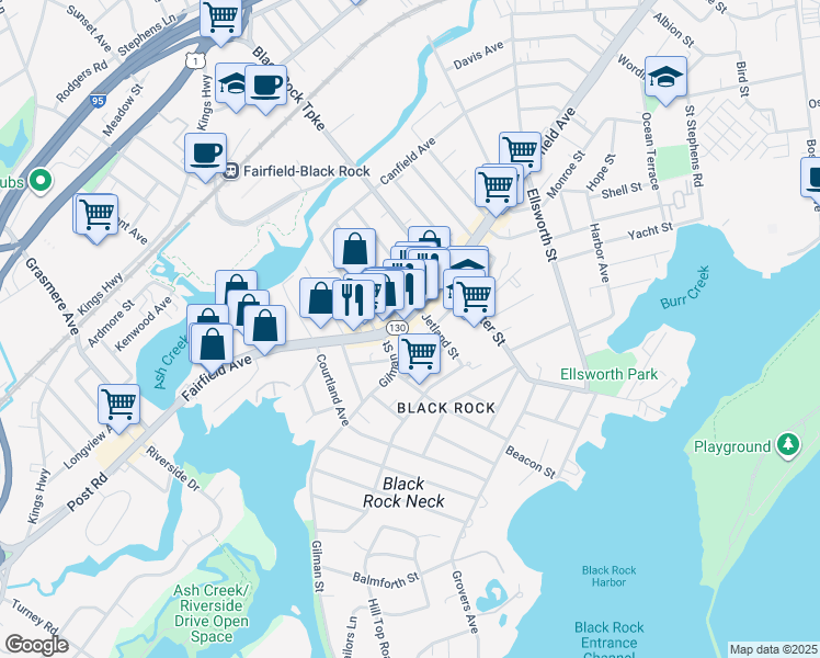 map of restaurants, bars, coffee shops, grocery stores, and more near 7 Gilman Street in Bridgeport