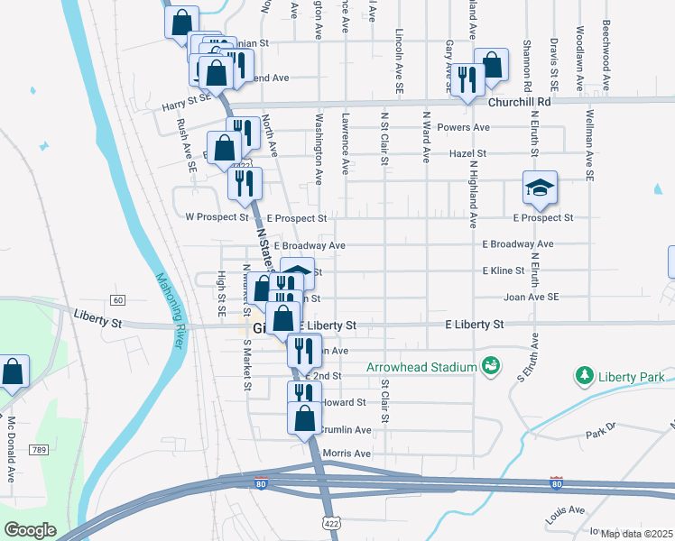 map of restaurants, bars, coffee shops, grocery stores, and more near 201 East Kline Street in Girard