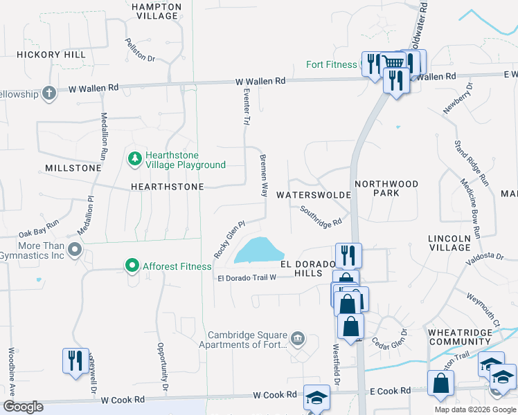 map of restaurants, bars, coffee shops, grocery stores, and more near 8229 Rocky Glen Pl in Fort Wayne