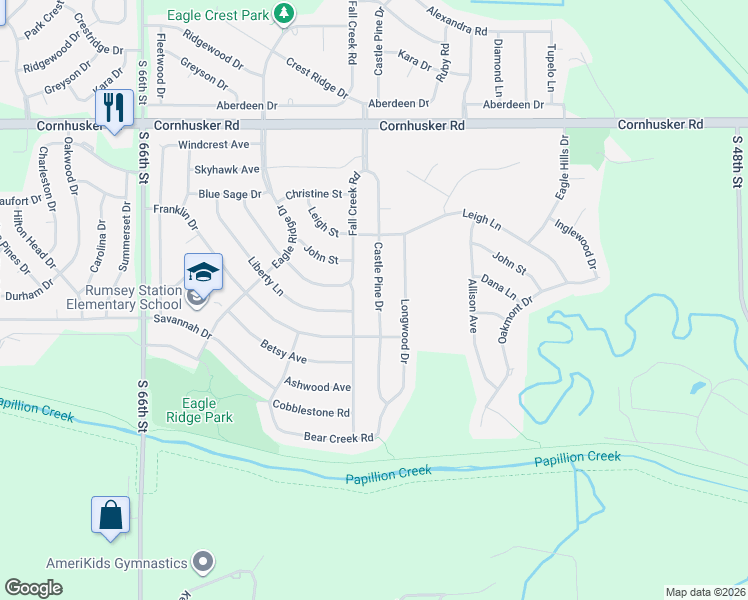 map of restaurants, bars, coffee shops, grocery stores, and more near 206 Castle Pine Drive in Papillion