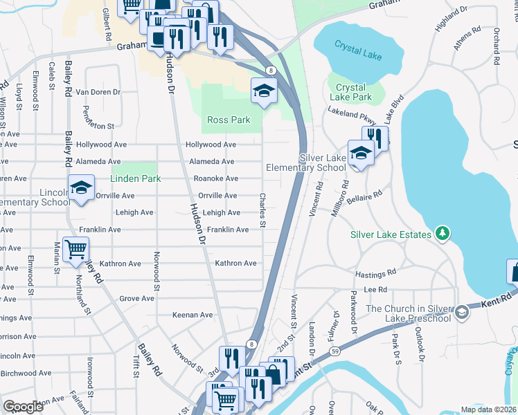 map of restaurants, bars, coffee shops, grocery stores, and more near 3129 Charles Street in Cuyahoga Falls