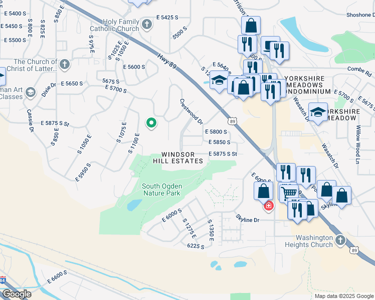 map of restaurants, bars, coffee shops, grocery stores, and more near 1298 East 5875 South Street in Ogden