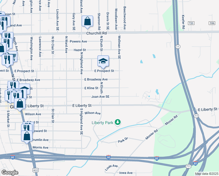 map of restaurants, bars, coffee shops, grocery stores, and more near 524 Joan Avenue Southeast in Girard