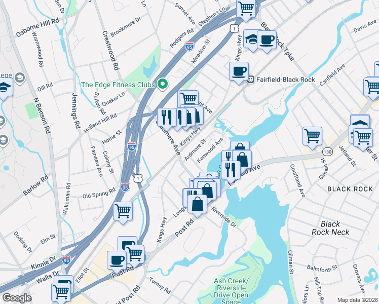 map of restaurants, bars, coffee shops, grocery stores, and more near 25 Ardmore Street in Fairfield