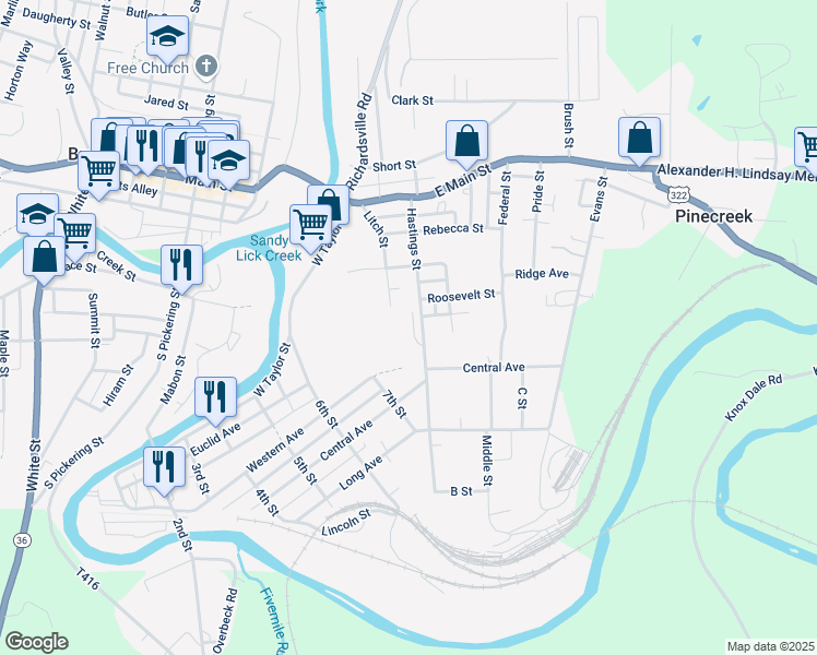 map of restaurants, bars, coffee shops, grocery stores, and more near 115 Hastings Street in Brookville